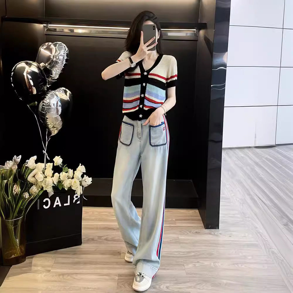 Women Fashion Casual Contrast Color Knitted Top Loose Straight Jeans Two-Piece Set