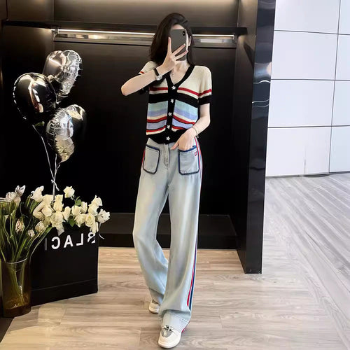 Women Fashion Casual Contrast Color Knitted Top Loose Straight Jeans Two-Piece Set