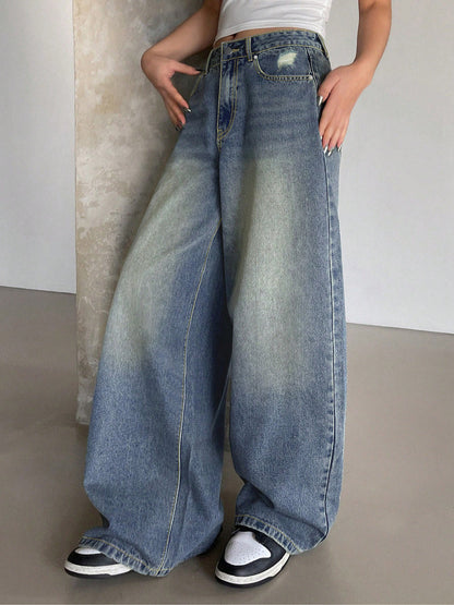 Women Fashion Casual Loose Wide-Leg Ripped Jeans