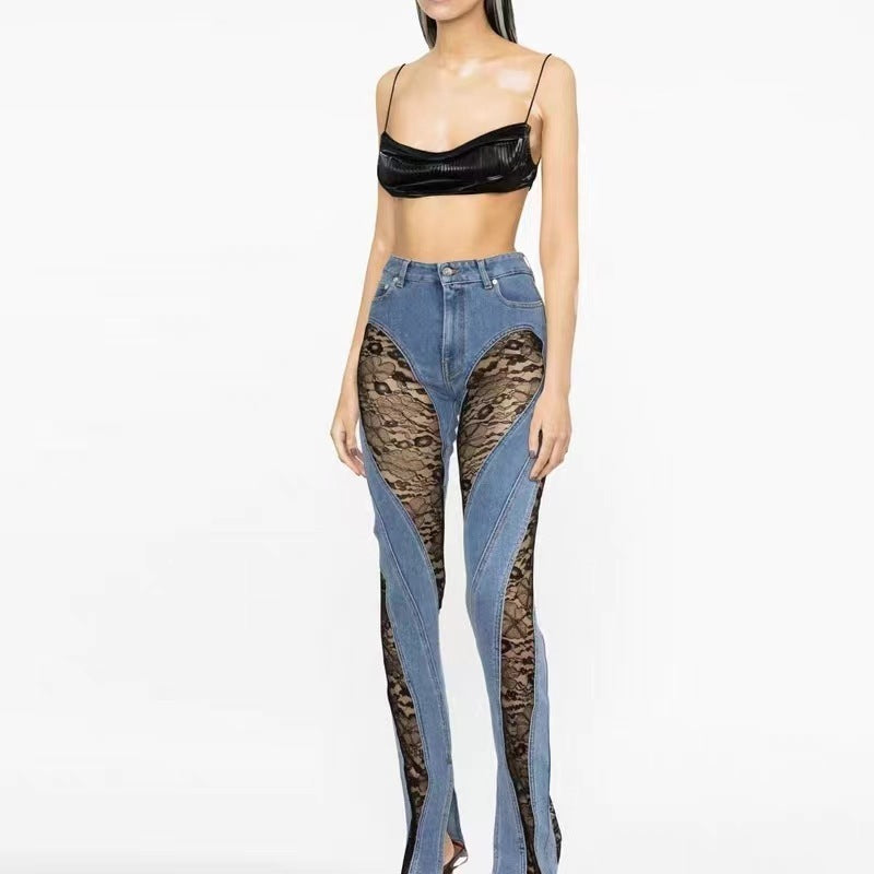 Women Fashion Casual Patchwork Lace High-Waist Straight Jeans