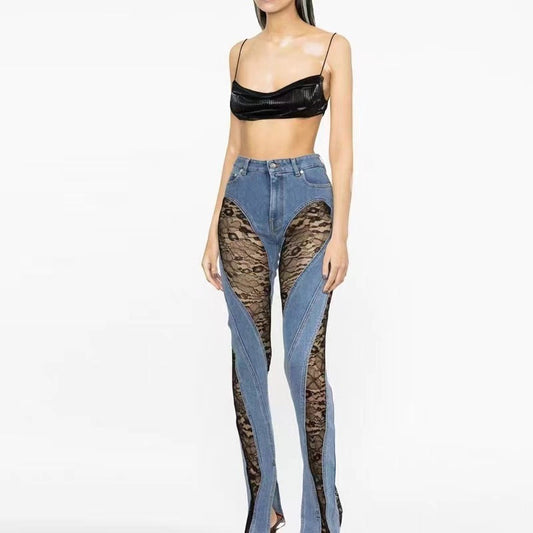 Women Fashion Casual Patchwork Lace High-Waist Straight Jeans