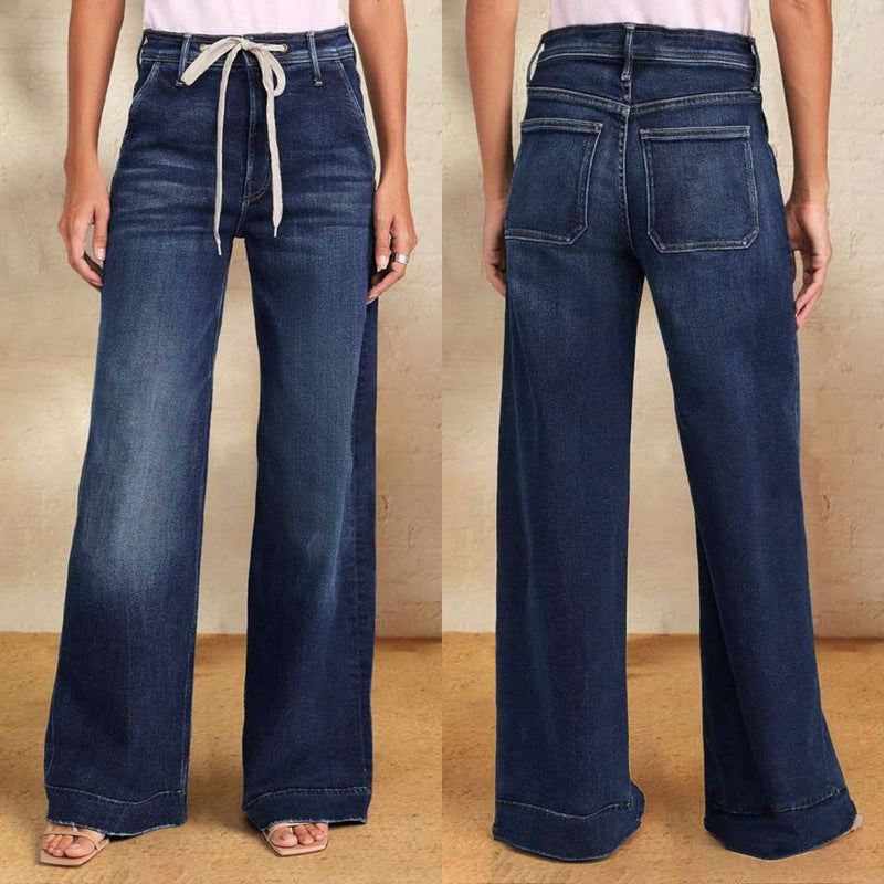 Women Fashion Casual Lace-Up High-Waiste Wide-Leg Jeans