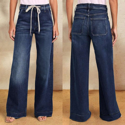 Women Fashion Casual Lace-Up High-Waiste Wide-Leg Jeans
