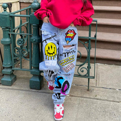 Women Casual Smiley Cartoon Print Ripped Jeans