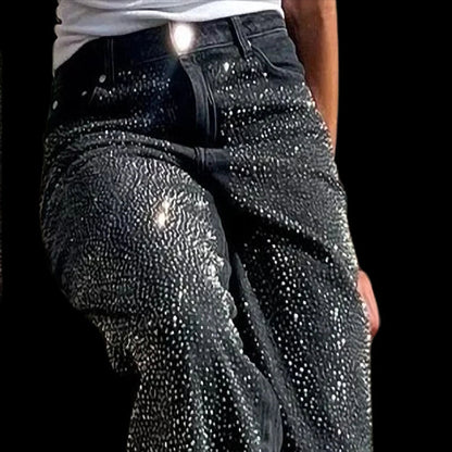 Women Fashion Casual Black Rhinestone Loose Jeans