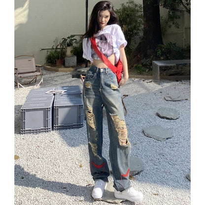Fashion Casual Women'S Retro High Waist Ripped Jeans