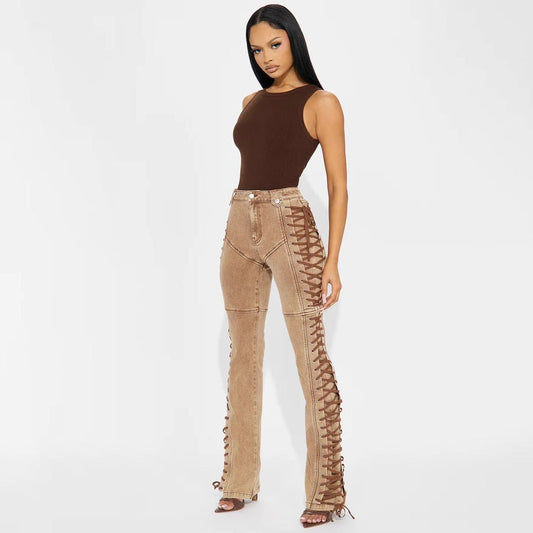 Women Fashion Casual Tight Side Drawstring Jeans