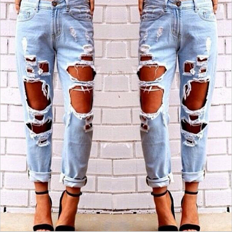 Women Fashion Casual Loose Ripped Denim Straight Jeans