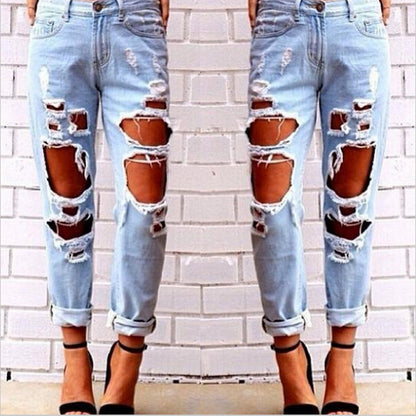 Women Fashion Casual Loose Ripped Denim Straight Jeans