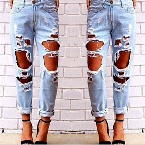 Women Fashion Casual Loose Ripped Denim Straight Jeans