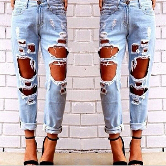 Women Fashion Casual Loose Ripped Denim Straight Jeans