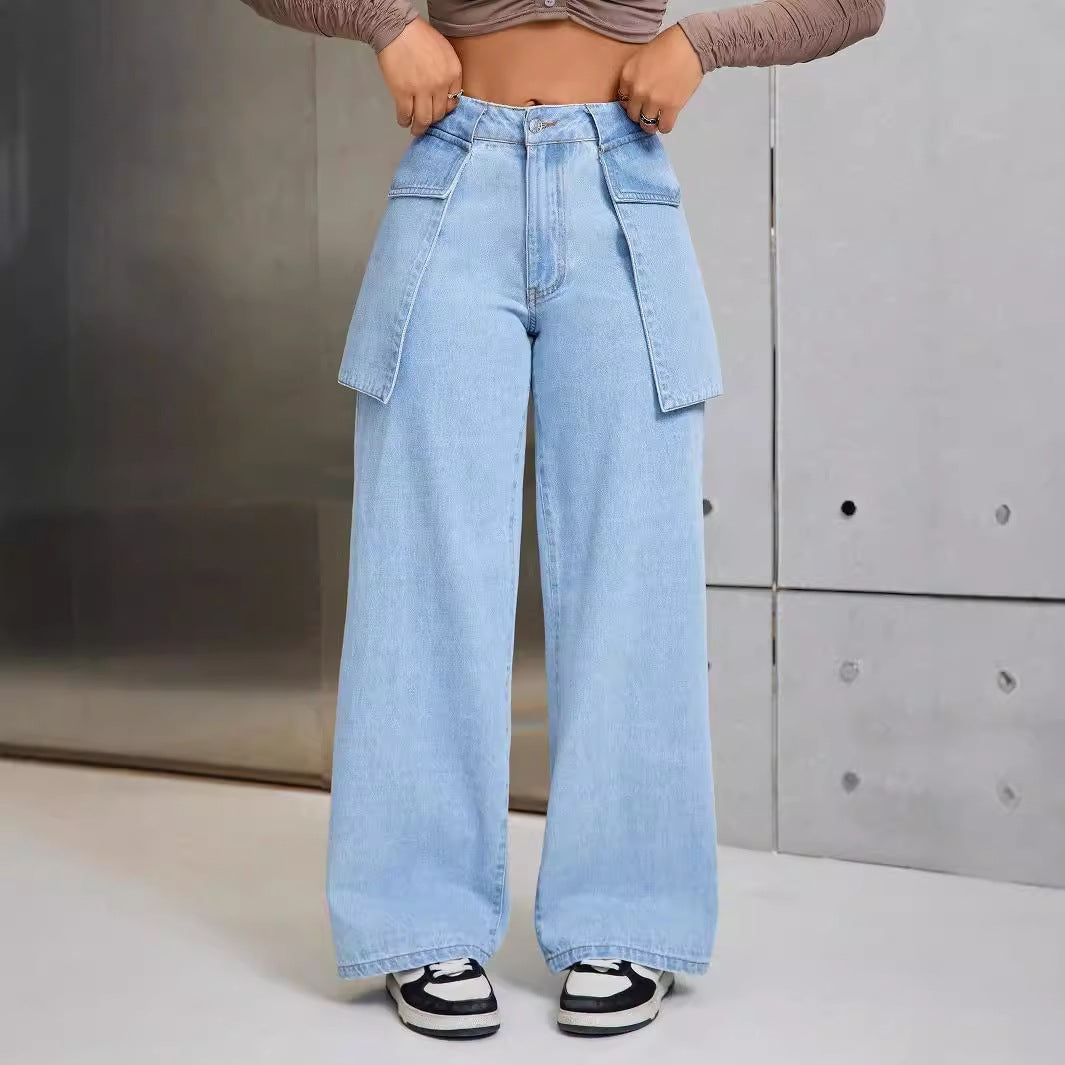 Women Fashion Casual Wide Leg Large Pocket Jeans