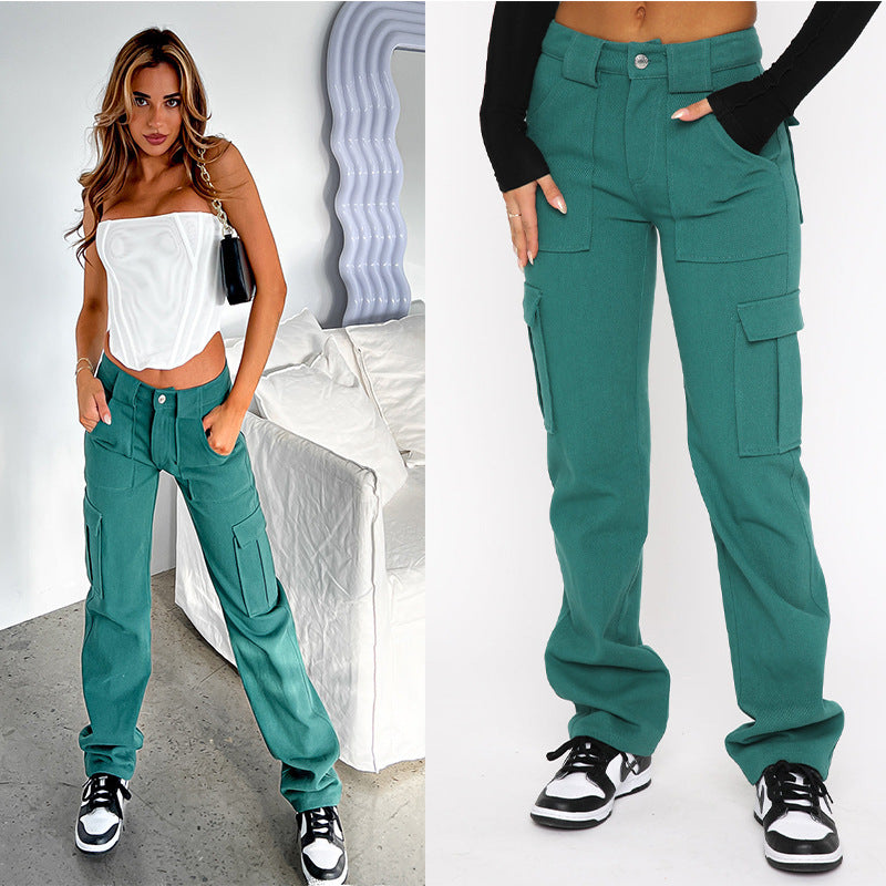 Women Fashion Casual Stitching Loose Mid-Waist Straight Jeans