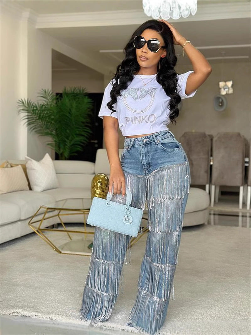 Women Fashion Casual Creative Sequin Tassel Straight Leg Jeans