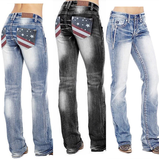 Women Fashion Casual Star Print Pocket Jeans