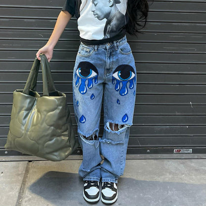 Women Edgy Casual Ripped Eyes Printing Wide Leg Jeans