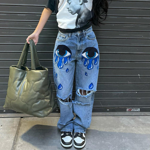 Women Edgy Casual Ripped Eyes Printing Wide Leg Jeans
