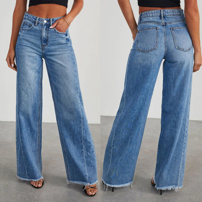 Women Fashion Casual Loose Stitching Grinding Wide Leg Jeans
