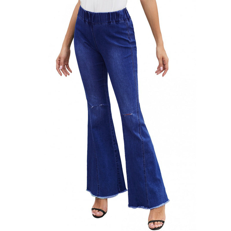 Women Fashion Casual Solid Color Loose Flared Ripped Jeans