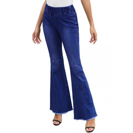 Women Fashion Casual Solid Color Loose Flared Ripped Jeans