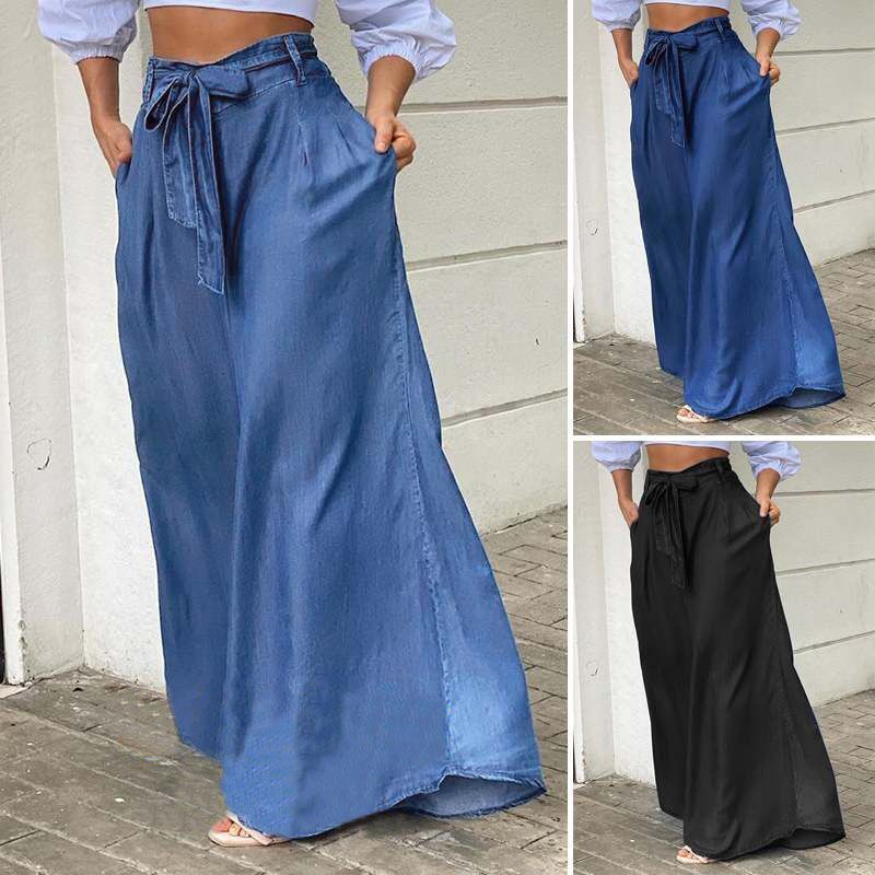 Women Elegant Lace-Up High Waist Wide Leg Pants Casual Plus Size Denim Pants Jeans