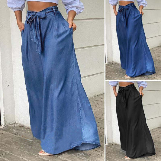 Women Elegant Lace-Up High Waist Wide Leg Pants Casual Plus Size Denim Pants Jeans