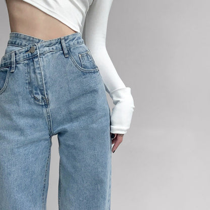 Women Fashion Casual Slant Buckle Irregular High Waist Straight Jeans