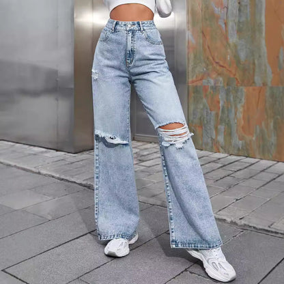 Women Fashion Casual High Waist Wide Leg Ripped Jeans