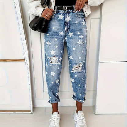 Women Ripped Star Printed Pattern Straight Casual Jeans