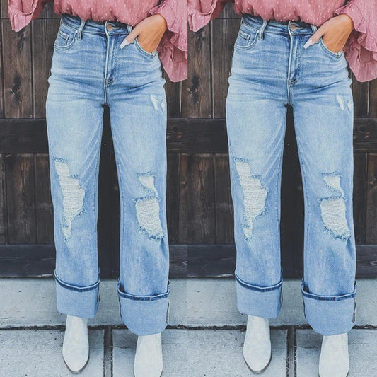 Casual Fashion Women Versatile High-Waist Loose Ripped Straight Jeans