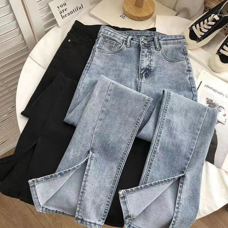 Women Fashion Casual High Waist Slim Split Jeans