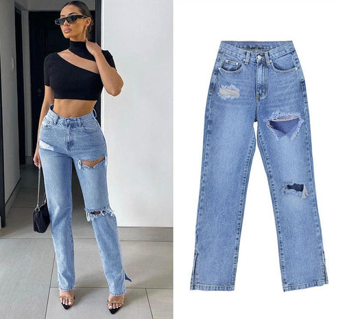 Women Fashion Casual Straight Ripped Jeans