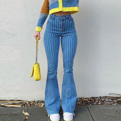 Women Fashion Casual Stripe Print Denim Flared Pants Jeans