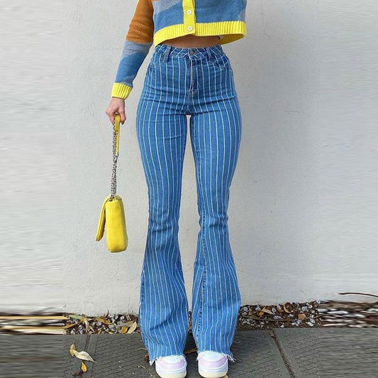 Women Fashion Casual Stripe Print Denim Flared Pants Jeans