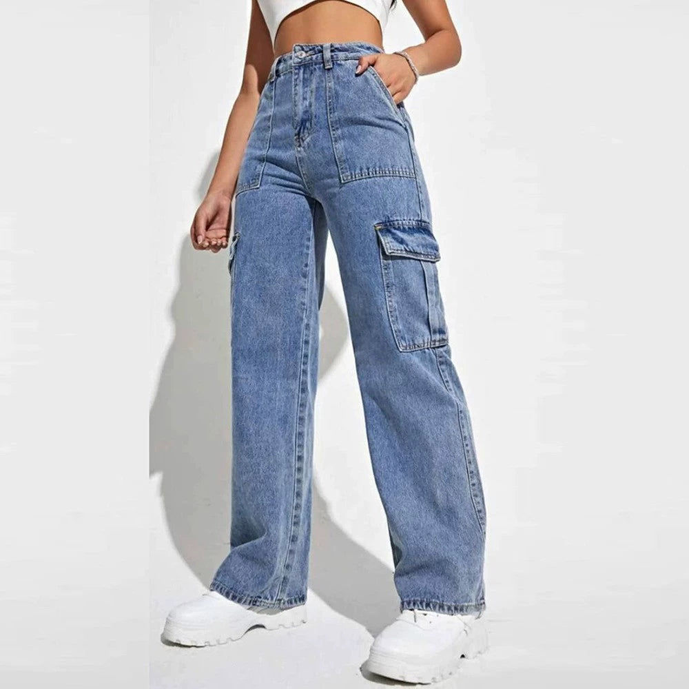 Women Fashion Casual Multi-Pocket Wide-Leg Jeans
