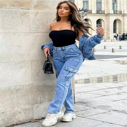 Women Fashion Casual Multi-Pocket Wide-Leg Jeans