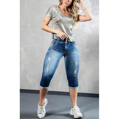 Women Casual Summer Slim Fit Washed Denim Cropped Pants Jeans