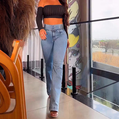 Women Fashion Casual Solid Color High Waist Button Slim-Fit Jeans