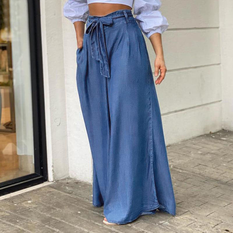 Women Casual Elegant Lace-Up High Waist Wide Leg Plus Size Jeans
