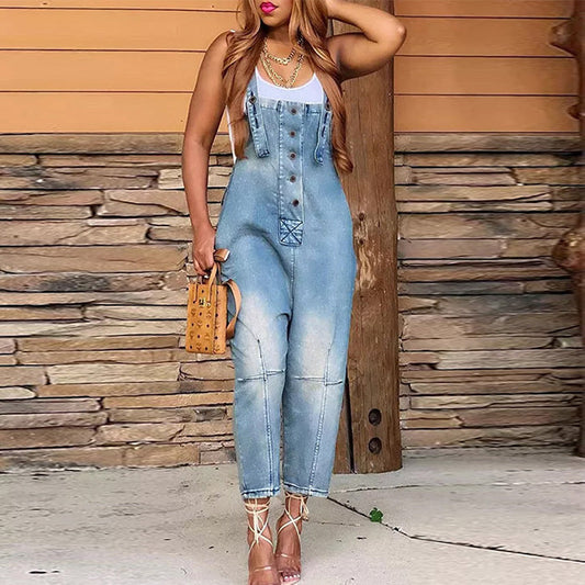 Women Fashion Casual Strap Jeans Pocket Suspender Denim Jumpsuits