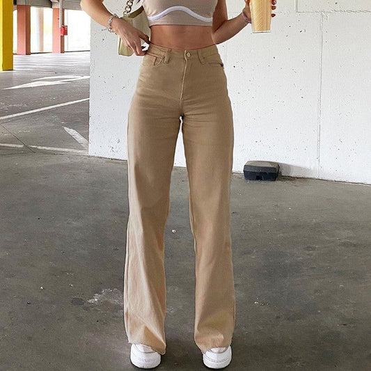 Women Casual Solid Color Basic Straight Jeans Denim Pants