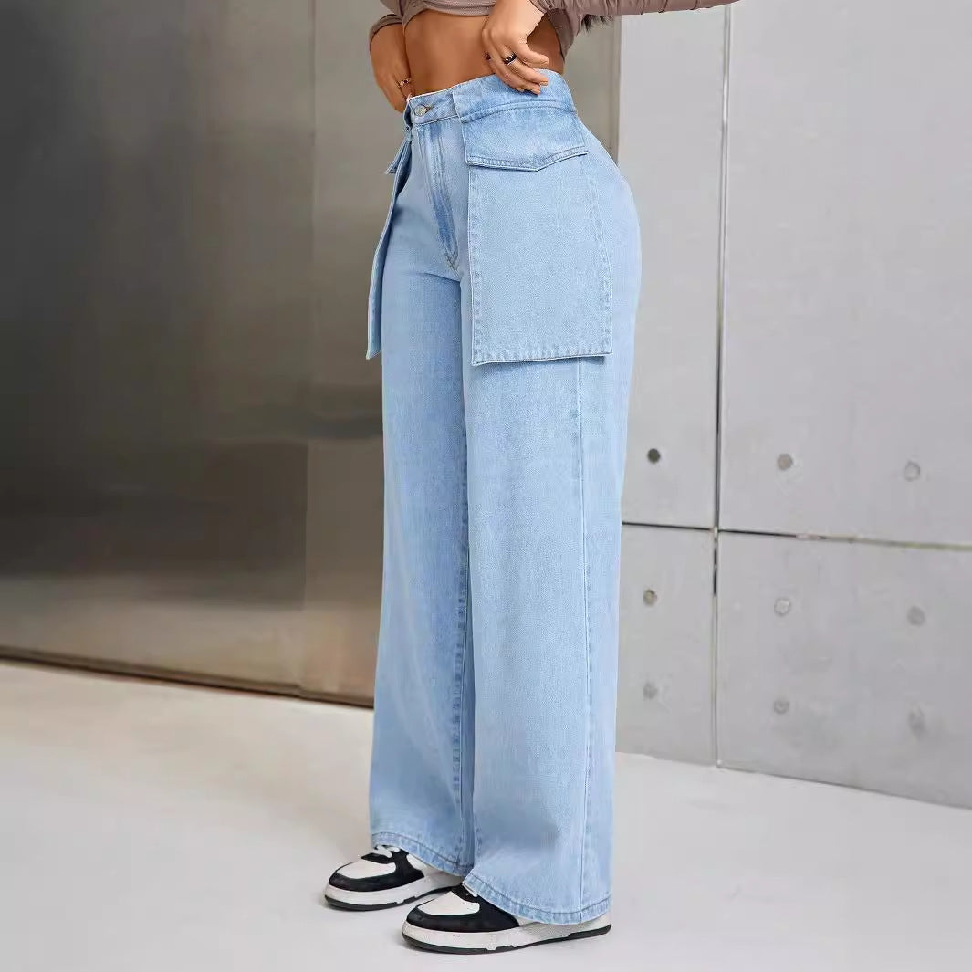 Women Fashion Casual Wide Leg Large Pocket Jeans