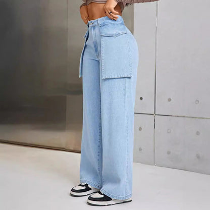 Women Fashion Casual Wide Leg Large Pocket Jeans