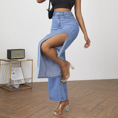 Women Fashion Elegant Casual Loose Ripped Side-slit Wide Legs Jeans