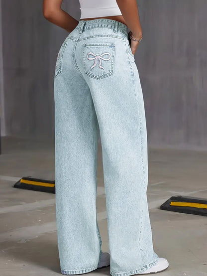 Women Fashion Casual Bowknot Embroidered Pockets Loose Wide Leg Jeans