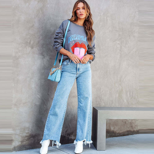 Women Fashion Casual Fringe Straight Jeans