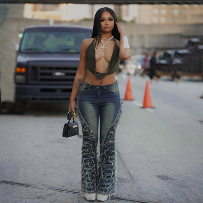 Women Fashion Casual Tassels Stitching Micro Jeans