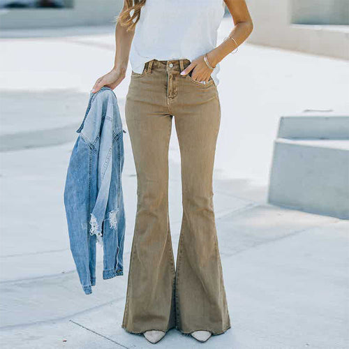 Women Solid Color Casual High Waist Flared Jeans