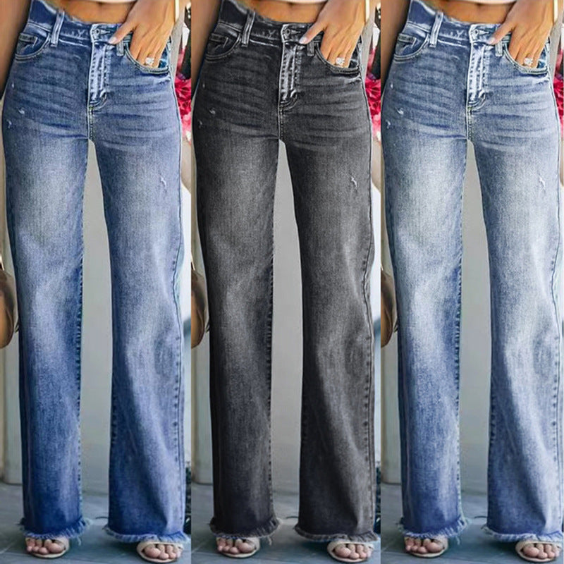 Women Fashion Casual Ripped Washed Wide Leg Jeans