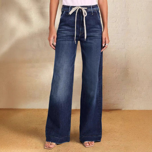 Women Fashion Casual Lace-Up High-Waiste Wide-Leg Jeans